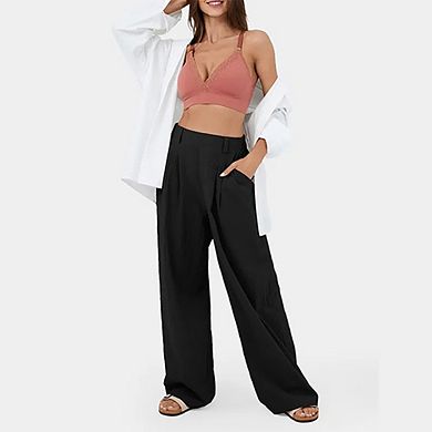 Wide Leg Pants Women's High Elastic Waisted in Back Business Work Trousers Long Straight Suit Pants