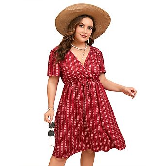 Women Plus Size Long Sleeve Dresses Wrap Drawstring V Neck High Waist Dress Flowy A Line Midi Dress