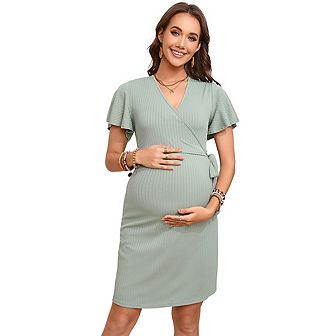 Rib Knit Maternity Nursing Dress Short Sleeve V-Neck Bodycon Wrap Pregnancy Dresses Casual