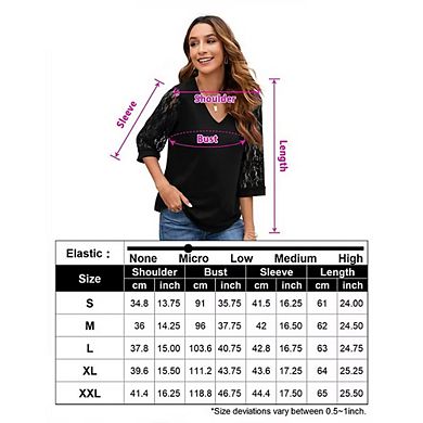 Womens 3/4 Sleeve Patchwork Lace Sleeve Tops Casual Spring Summer Elegant Soild Blouses