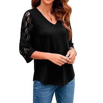 Womens 3/4 Sleeve Patchwork Lace Sleeve Tops Casual Spring Summer Elegant Soild Blouses