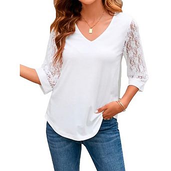 Womens 3/4 Sleeve Patchwork Lace Sleeve Tops Casual Spring Summer Elegant Soild Blouses