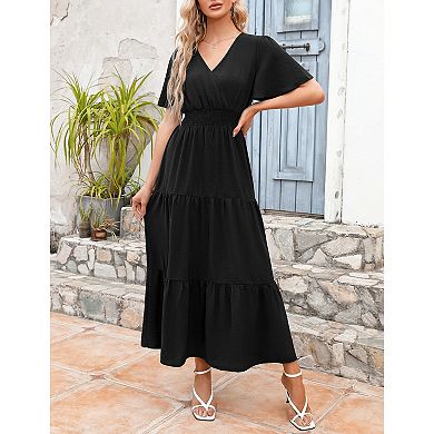 Women's Short Sleeve V Neck Floral Irregular Hem Mid Split Button Smocked Waist Swing Maxi Dress