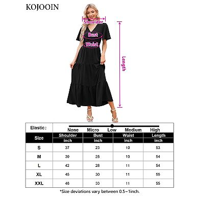 Women's Short Sleeve V Neck Floral Irregular Hem Mid Split Button Smocked Waist Swing Maxi Dress