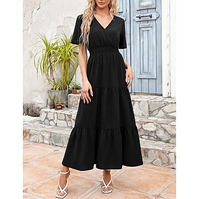 Women's Short Sleeve V Neck Floral Irregular Hem Mid Split Button Smocked Waist Swing Maxi Dress