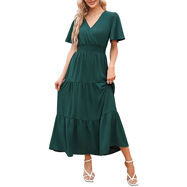 Women's Short Sleeve V Neck Floral Irregular Hem Mid Split Button Smocked  Waist Swing Maxi Dress