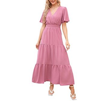 Women's Short Sleeve V Neck Floral Irregular Hem Mid Split Button Smocked Waist Swing Maxi Dress