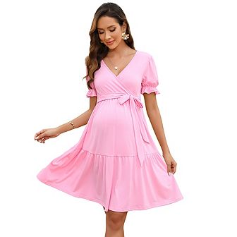 Women's Maternity V Neck Short Sleeves Dresses Pregnancy Casual Tie High Waist A Line Solid Midi