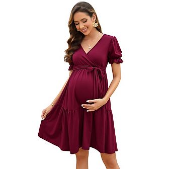 Women's Maternity V Neck Short Sleeves Dresses Pregnancy Casual Tie High Waist A Line Solid Midi