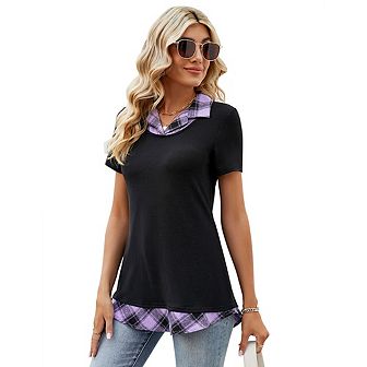 Women's Short Sleeve Contrast Collared Shirts Patchwork Work Blouse Tunics Tops