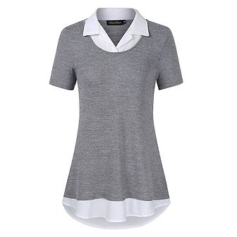 Women's Short Sleeve Contrast Collared Shirts Patchwork Work Blouse Tunics Tops