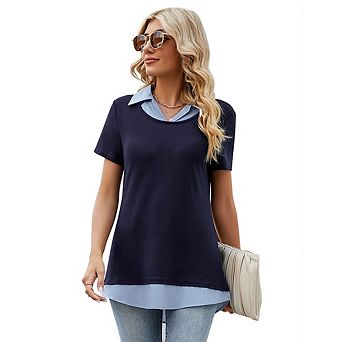 Women's Short Sleeve Contrast Collared Shirts Patchwork Work Blouse Tunics Tops