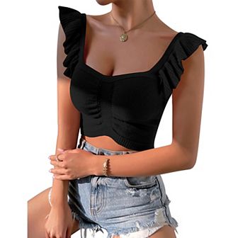 Womens Sleeveless Halter Crop Top Knit Sweater Vest Ribbed Camisole Tank Tops