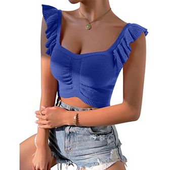 Womens Sleeveless Halter Crop Top Knit Sweater Vest Ribbed Camisole Tank Tops