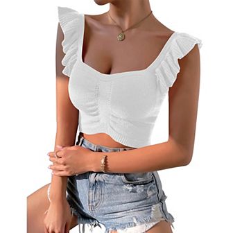 Womens Sleeveless Halter Crop Top Knit Sweater Vest Ribbed Camisole Tank Tops