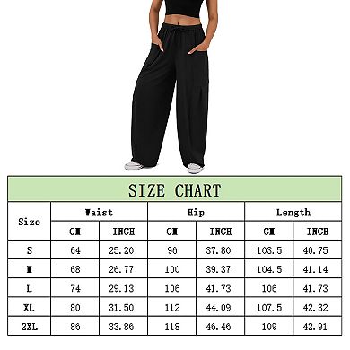 Women's Drawstring Elastic Waist Loose Fit Wide Leg Utility Palazzo Pants Pockets