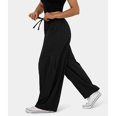 Women's Drawstring Elastic Waist Loose Fit Wide Leg Utility Palazzo Pants Pockets