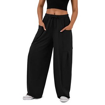 Women's Drawstring Elastic Waist Loose Fit Wide Leg Utility Palazzo Pants Pockets
