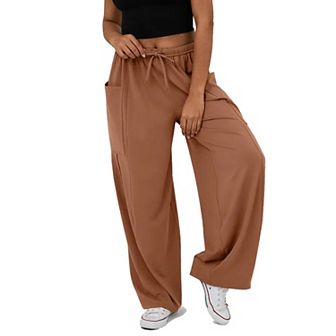 Women's Drawstring Elastic Waist Loose Fit Wide Leg Utility Palazzo Pants Pockets