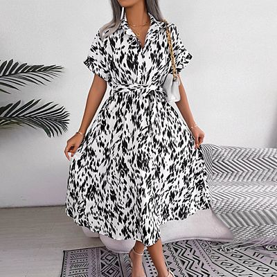 Women's Summer Polka Dot Print Shirt Dress Vintage Short Sleeve Button Down Maxi  Dress