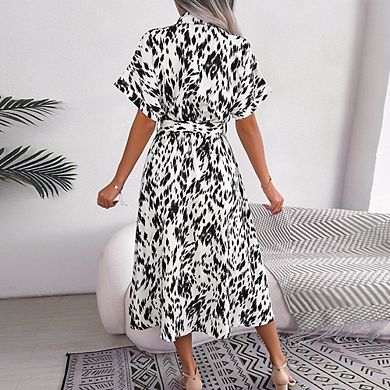 Women's Summer Polka Dot Print Shirt Dress Vintage Short Sleeve Button Down Maxi Dress