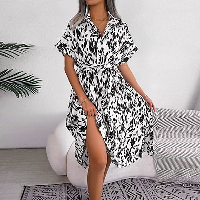 Women's Summer Polka Dot Print Shirt Dress Vintage Short Sleeve Button Down Maxi Dress