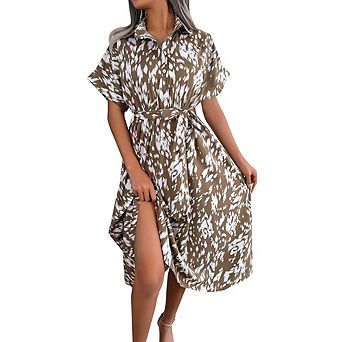 Women's Summer Polka Dot Print Shirt Dress Vintage Short Sleeve Button Down Maxi Dress