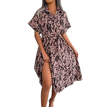 Women's Summer Polka Dot Print Shirt Dress Vintage Short Sleeve Button Down Maxi Dress