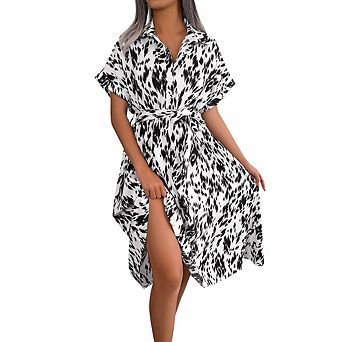Women's Summer Polka Dot Print Shirt Dress Vintage Short Sleeve Button Down Maxi Dress