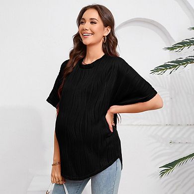 Oversized Maternity T-Shirt Textured Crewneck Short Sleeve Maternity Top Summer Mama Clothes