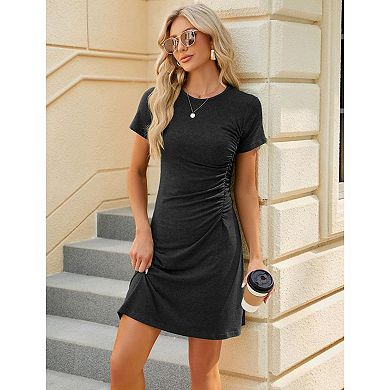 Women Casual Stretch Short Sleeve Beach Spring Mini Dress Bodycon Empire Waist Ruched Sundress