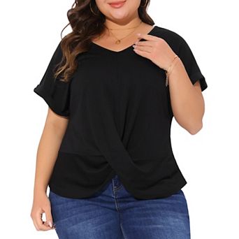 Plus Size Top for Women Short Sleeve V Neck Twist Knot Summer Blouses T Shirts