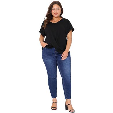 Plus Size Top for Women Short Sleeve V Neck Twist Knot Summer Blouses T Shirts