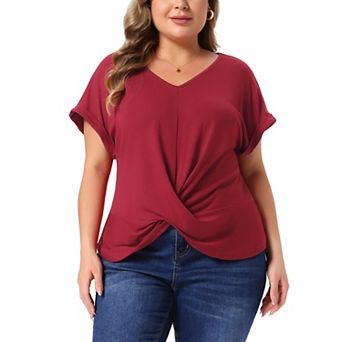 Plus Size Top for Women Short Sleeve V Neck Twist Knot Summer Blouses T Shirts