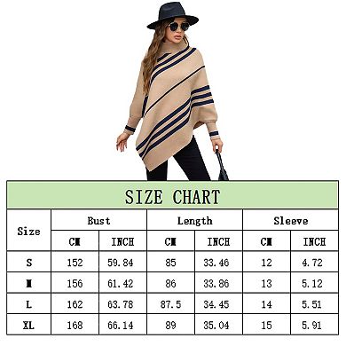 Women's Striped Mock Neck Long Sleeve Asymmetrical Hem Knit Top Pullover Poncho Sweater