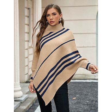 Women's Striped Mock Neck Long Sleeve Asymmetrical Hem Knit Top Pullover Poncho Sweater