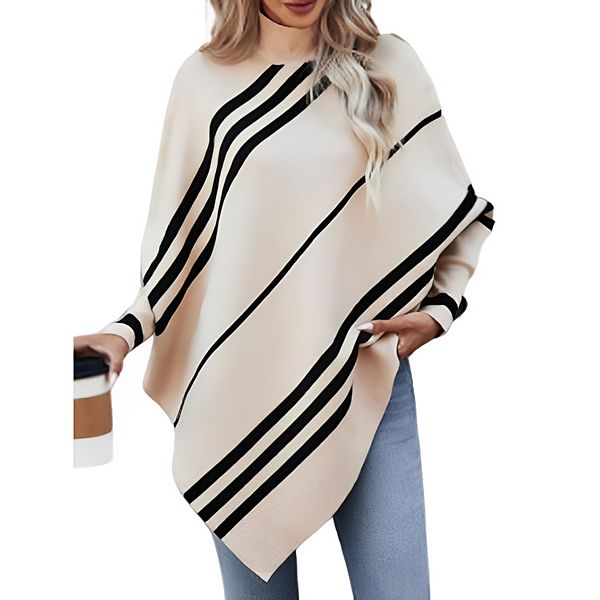 Women's Striped Mock Neck Long Sleeve Asymmetrical Hem Knit Top