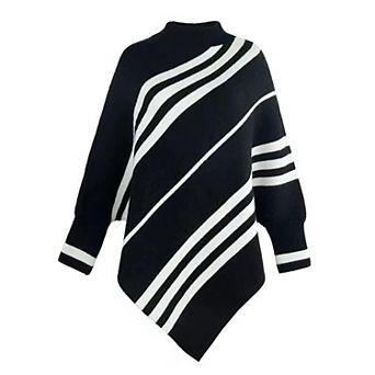 Women's Striped Mock Neck Long Sleeve Asymmetrical Hem Knit Top Pullover Poncho Sweater