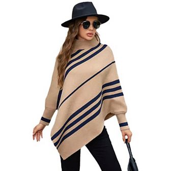 Women's Striped Mock Neck Long Sleeve Asymmetrical Hem Knit Top Pullover Poncho Sweater