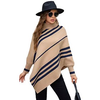 Women's Striped Mock Neck Long Sleeve Asymmetrical Hem Knit Top Pullover Poncho Sweater
