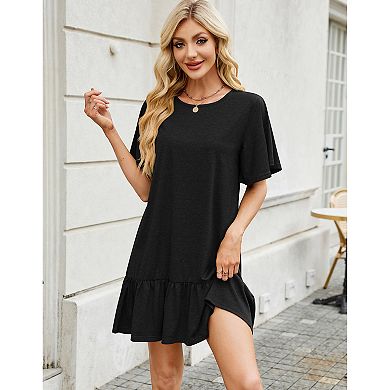 Women Basic Layer T-Shirt Dress Solid Short Sleeve Loose Baby Doll Dress A-Line Tiered Dress