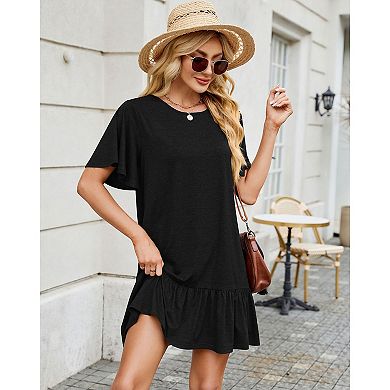 Women Basic Layer T-Shirt Dress Solid Short Sleeve Loose Baby Doll Dress A-Line Tiered Dress