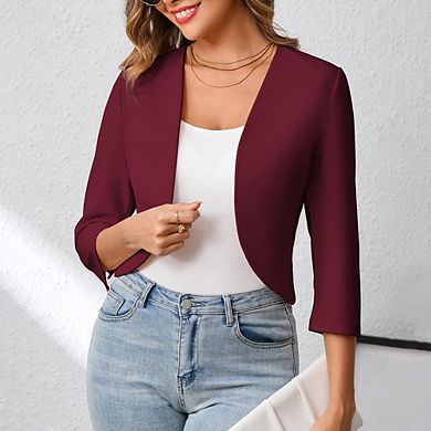 Women Casual Cropped Blazer 3/4 Sleeve Collarless Open Front Work Office Cardigan Suit Jacket Shrug