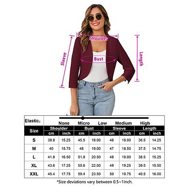 Women Casual Cropped Blazer 3/4 Sleeve Collarless Open Front Work Office Cardigan Suit Jacket Shrug