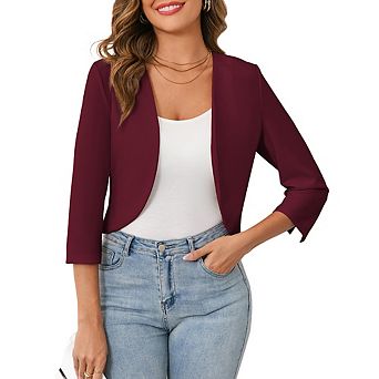 Women Casual Cropped Blazer 3/4 Sleeve Collarless Open Front Work Office Cardigan Suit Jacket Shrug