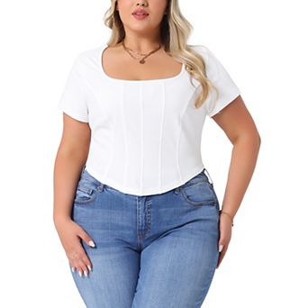 Plus Size Top for Women Basic Short Sleeve Square Neck Slim Fitted Crop Tops