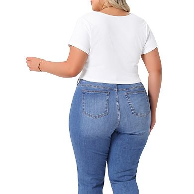 Plus Size Top for Women Basic Short Sleeve Square Neck Slim Fitted Crop Tops