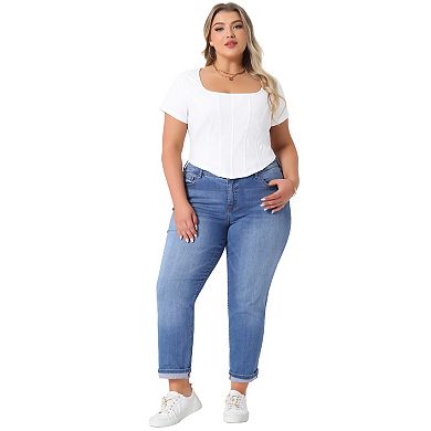 Plus Size Top for Women Basic Short Sleeve Square Neck Slim Fitted Crop Tops
