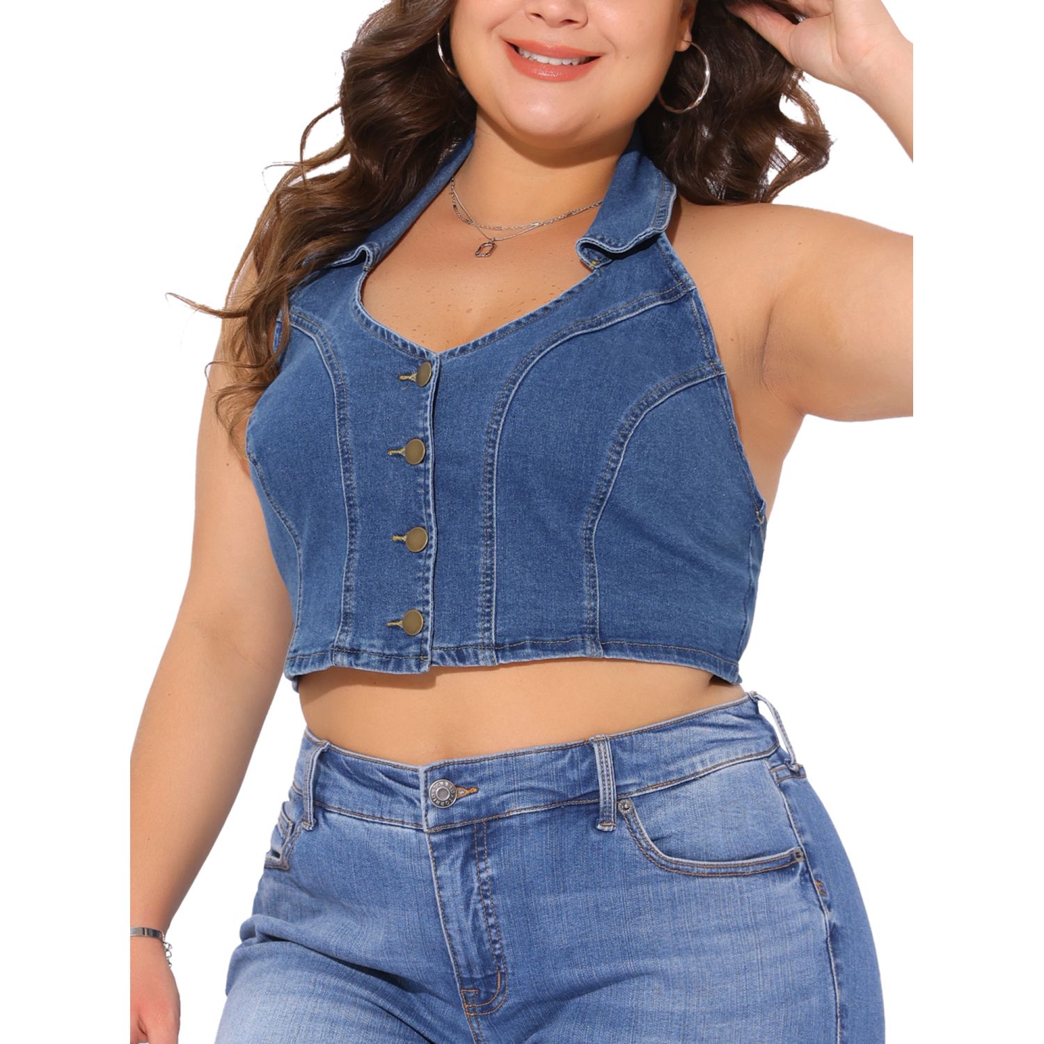 Plus Size Denim Vest for Women V Neck Button Down Sleeveless