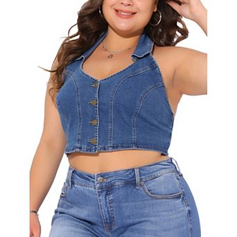 Plus Size Denim Vest for Women V Neck Button Down Sleeveless Casual Jean Jacket